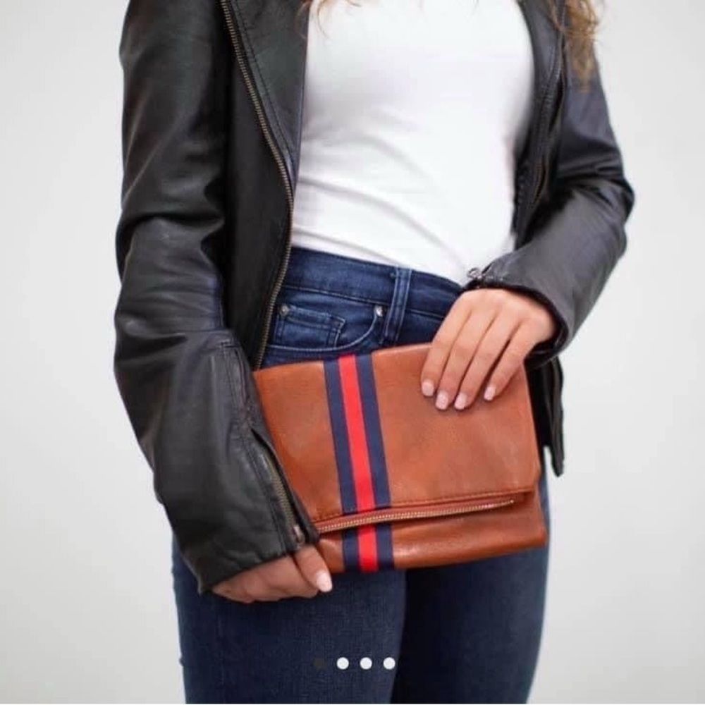 Preppy Brown Leather Clutch with grosgrain ribbon Stripes nwt